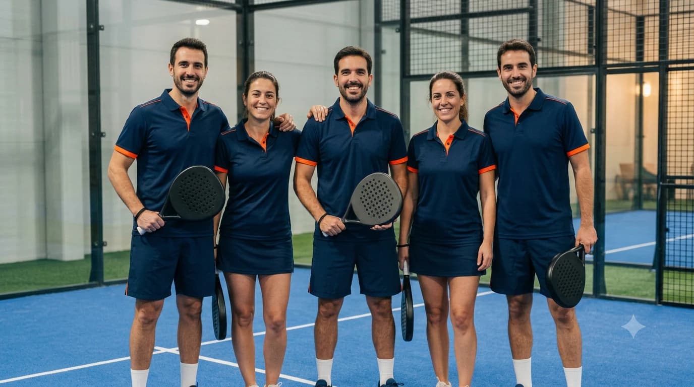Equipo de un club de pádel posando en pista con su equipación a juego