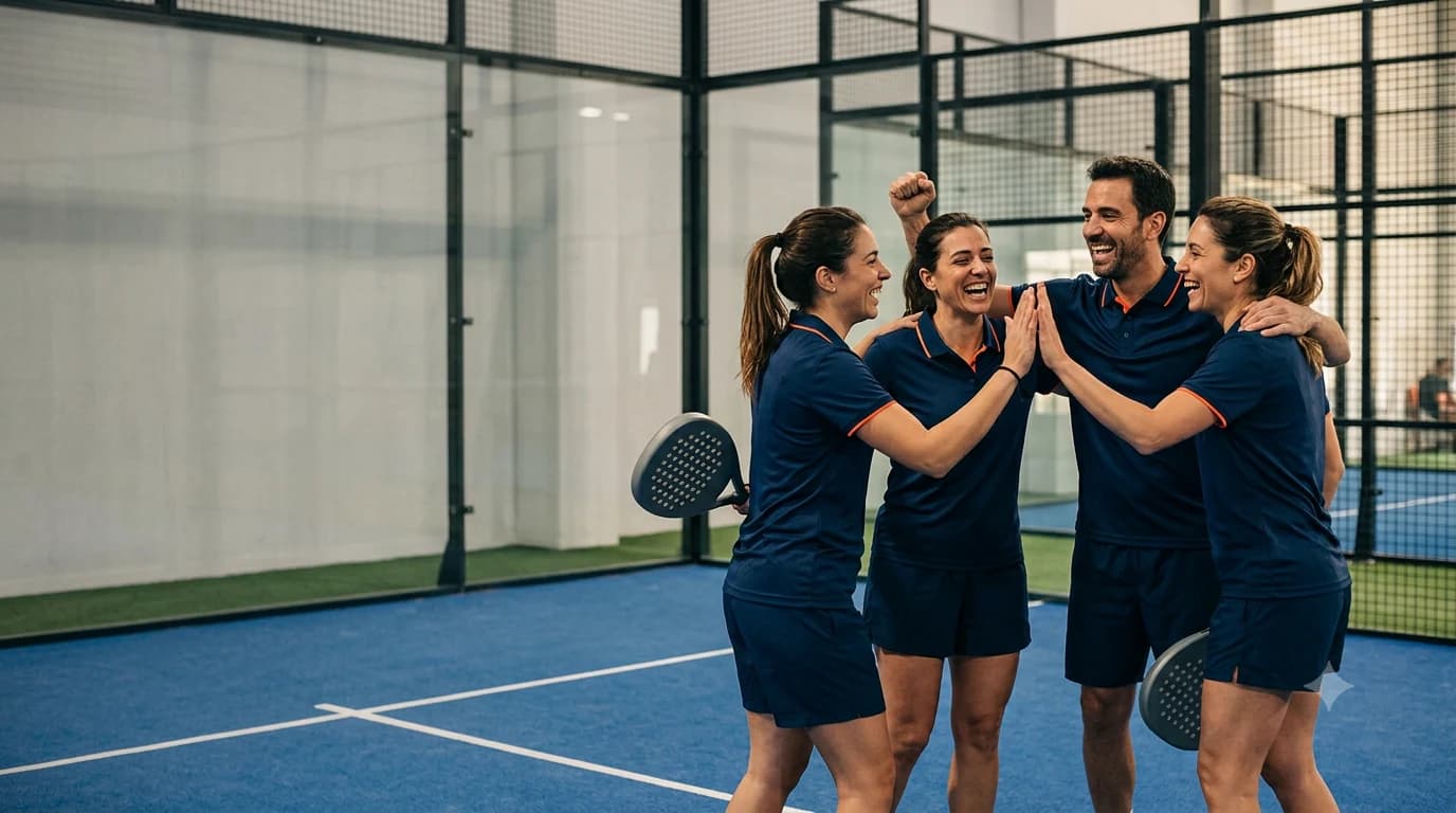 Equipo de pádel celebrando un punto en la pista con su equipación personalizada